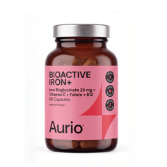 „Aurio Bioactive Iron+“, 25 mg geležies bisglicinato su vitaminu C, B12, folatu ir variu, 90 kapsulių