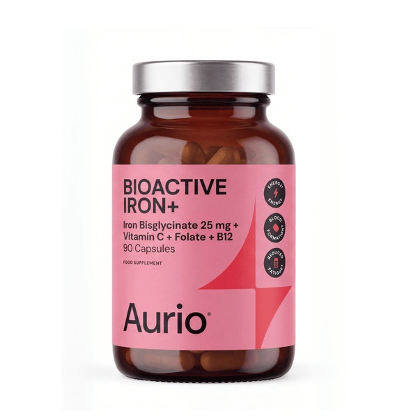 „Aurio Bioactive Iron+“, 25 mg geležies bisglicinato su vitaminu C, B12, folatu ir variu, 90 kapsulių