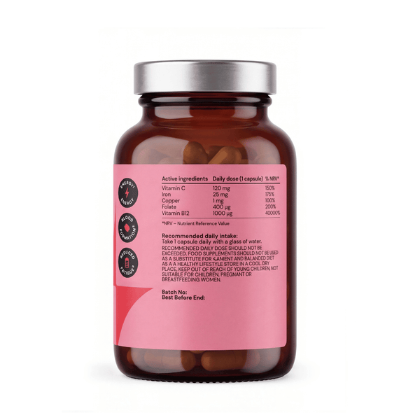 „Aurio Bioactive Iron+“, 25 mg geležies bisglicinato su vitaminu C, B12, folatu ir variu, 90 kapsulių
