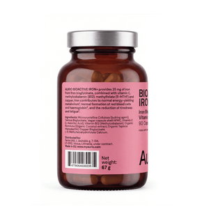 „Aurio Bioactive Iron+“, 25 mg geležies bisglicinato su vitaminu C, B12, folatu ir variu, 90 kapsulių
