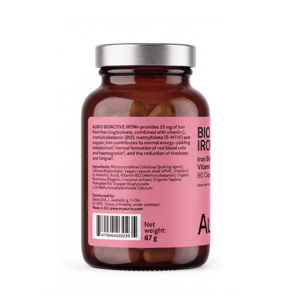 „Aurio Bioactive Iron+“, 25 mg geležies bisglicinato su vitaminu C, B12, folatu ir variu, 90 kapsulių