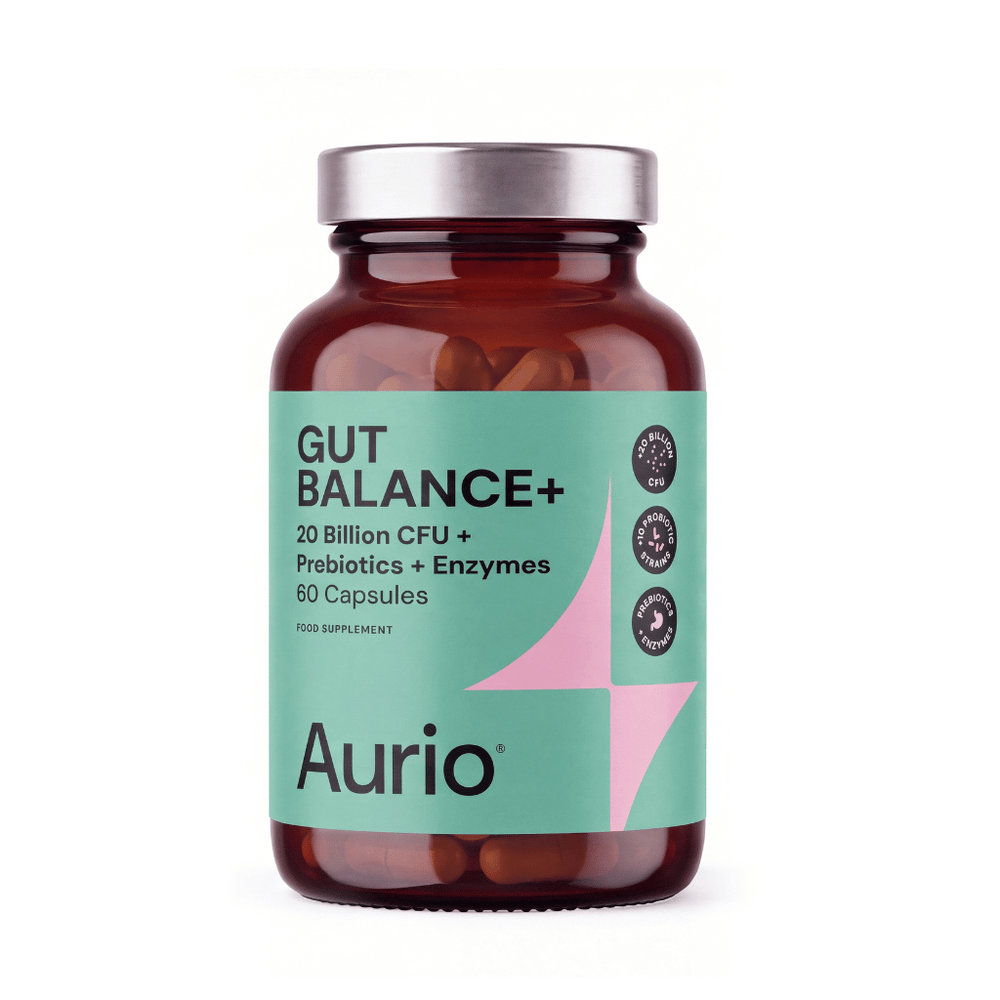 „Aurio Gut Balance+“, 20 mlrd. KSV, 10 probiotikų padermių, prebiotikai ir fermentai – 60 kapsulių