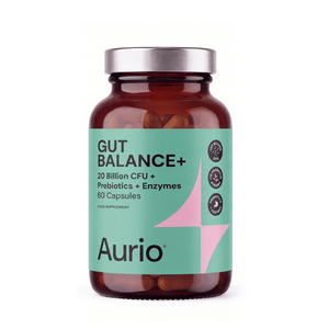 „Aurio Gut Balance+“, 20 mlrd. KSV, 10 probiotikų padermių, prebiotikai ir fermentai – 60 kapsulių