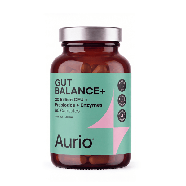 „Aurio Gut Balance+“, 20 mlrd. KSV, 10 probiotikų padermių, prebiotikai ir fermentai – 60 kapsulių