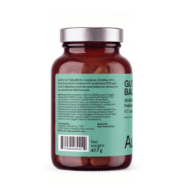 „Aurio Gut Balance+“, 20 mlrd. KSV, 10 probiotikų padermių, prebiotikai ir fermentai – 60 kapsulių
