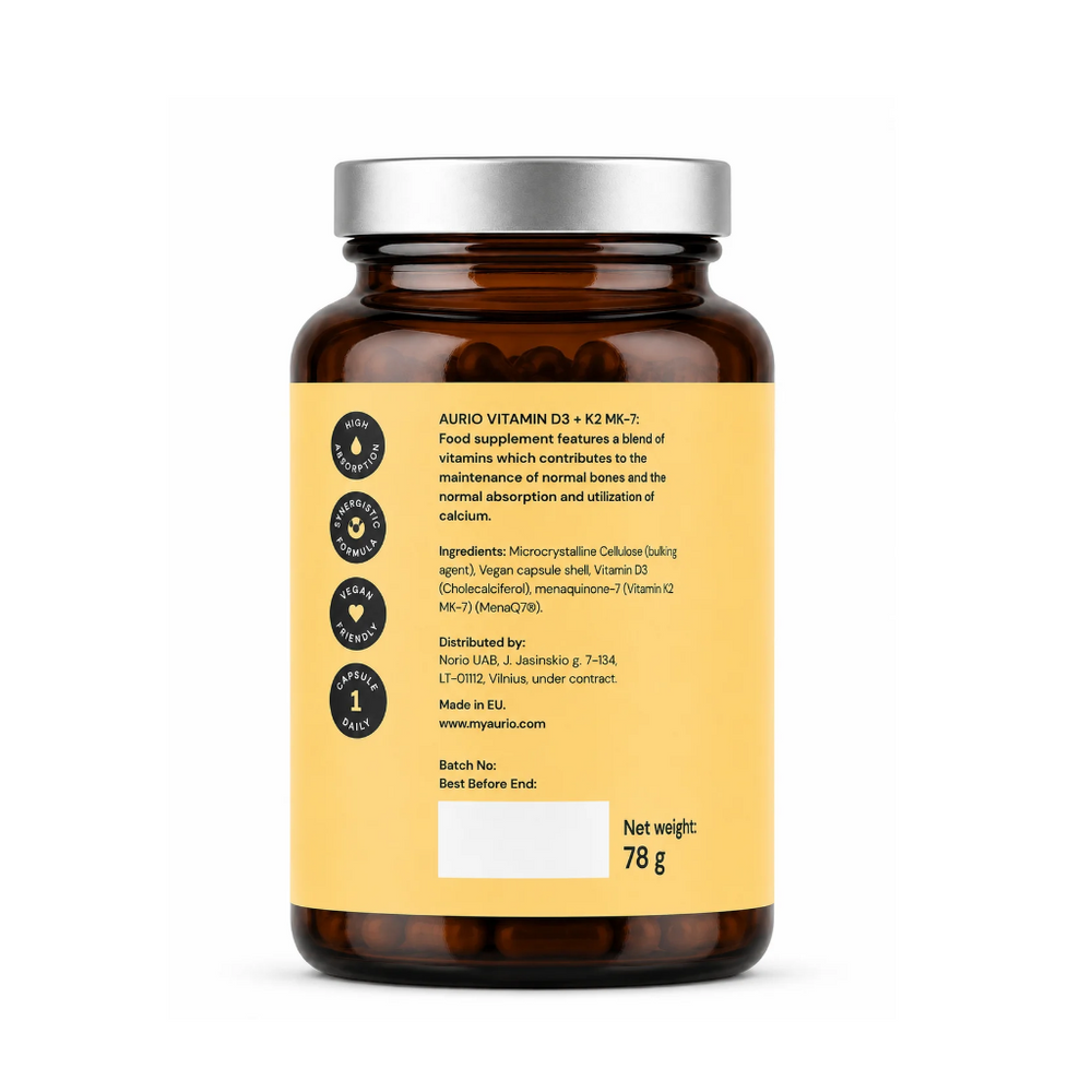 Aurio vitaminas D3 + K2 4000 TV + 150 µg, 120 kapsulių